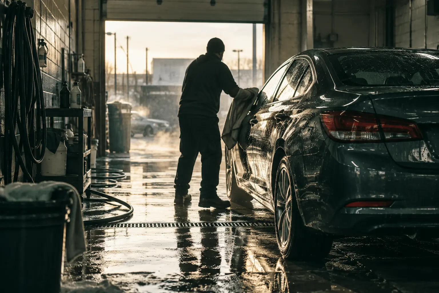 A car wash worker drying a sedan in a wet bay, backlit by the open door.
