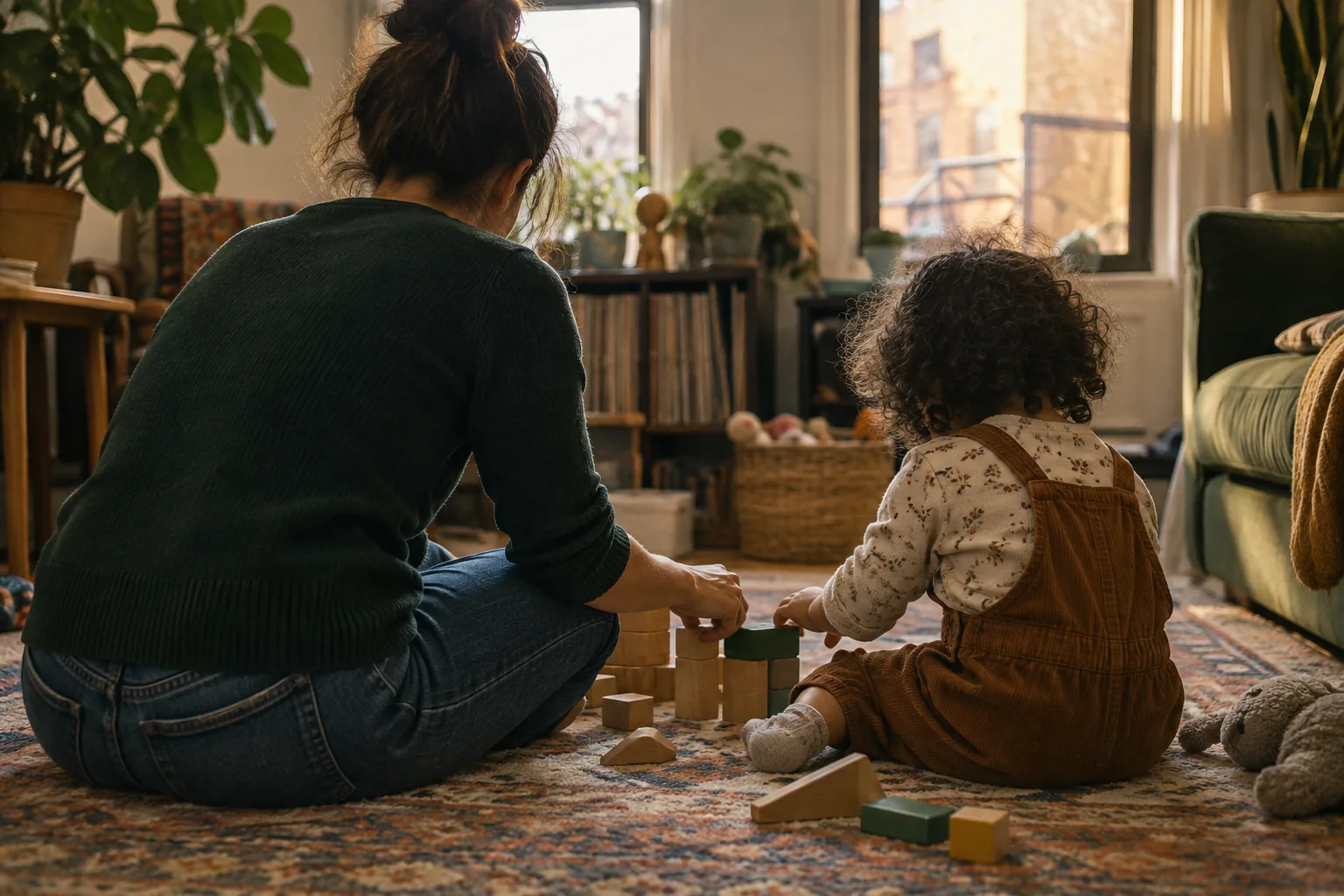 A caregiver seen from behind sitting on a living-room rug with a toddler, stacking wooden blocks in afternoon light from a Brooklyn window.