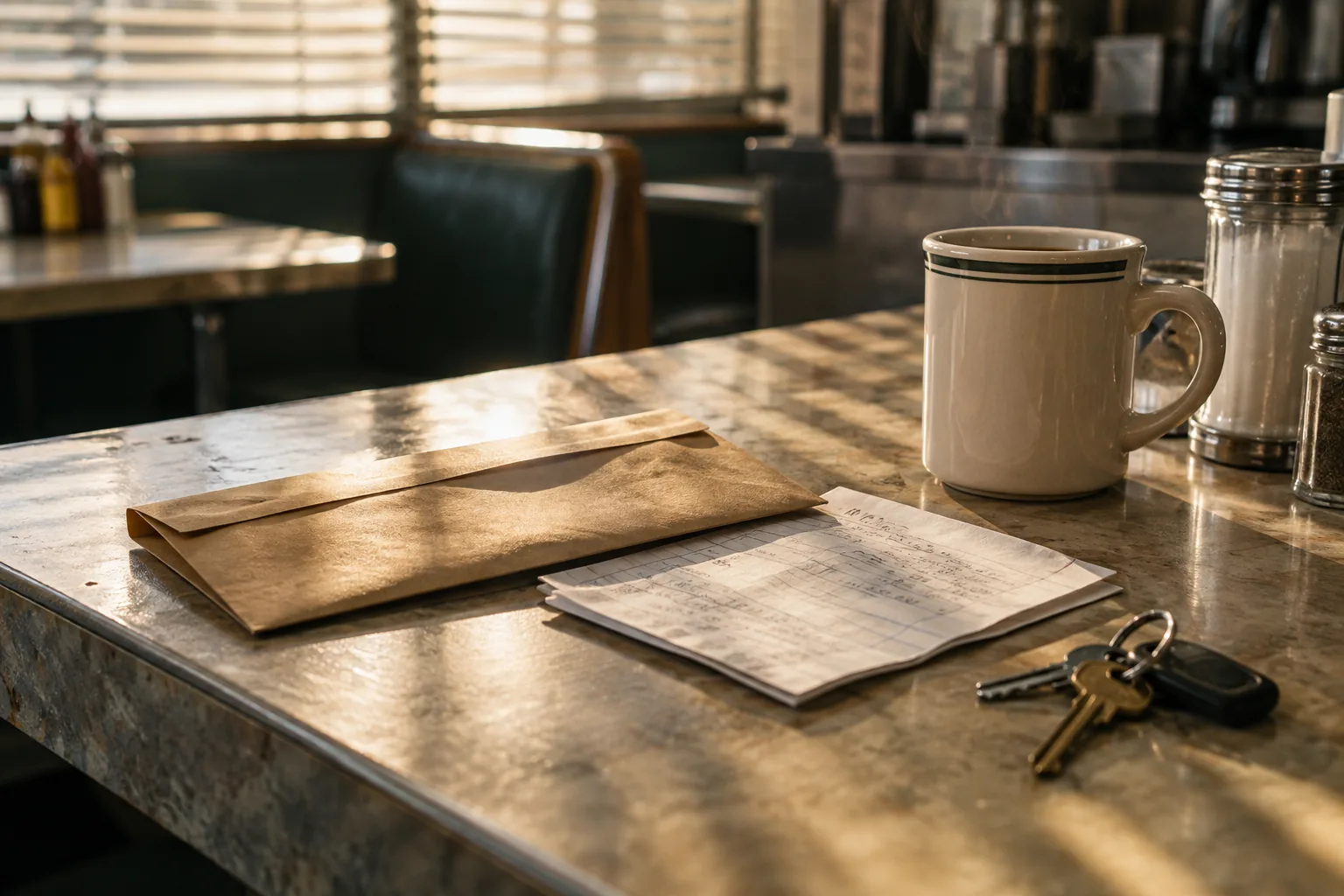 A cash pay envelope, a handwritten weekly schedule, keys and a coffee mug on a diner counter.