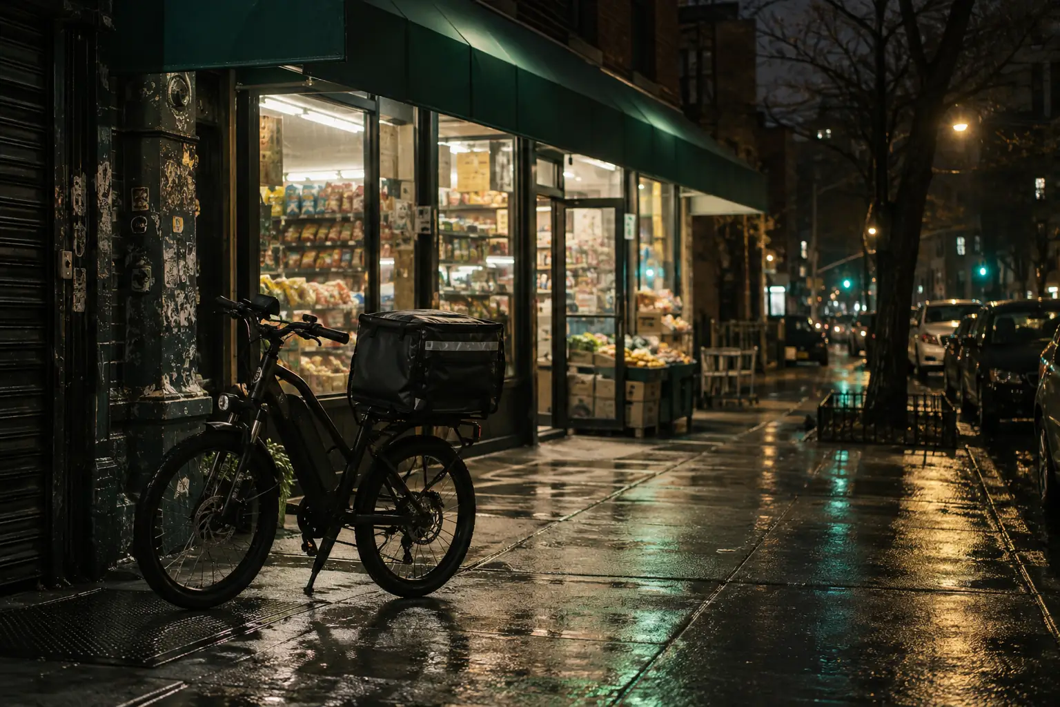 A delivery e-bike with an insulated food bag parked outside a bodega at night.