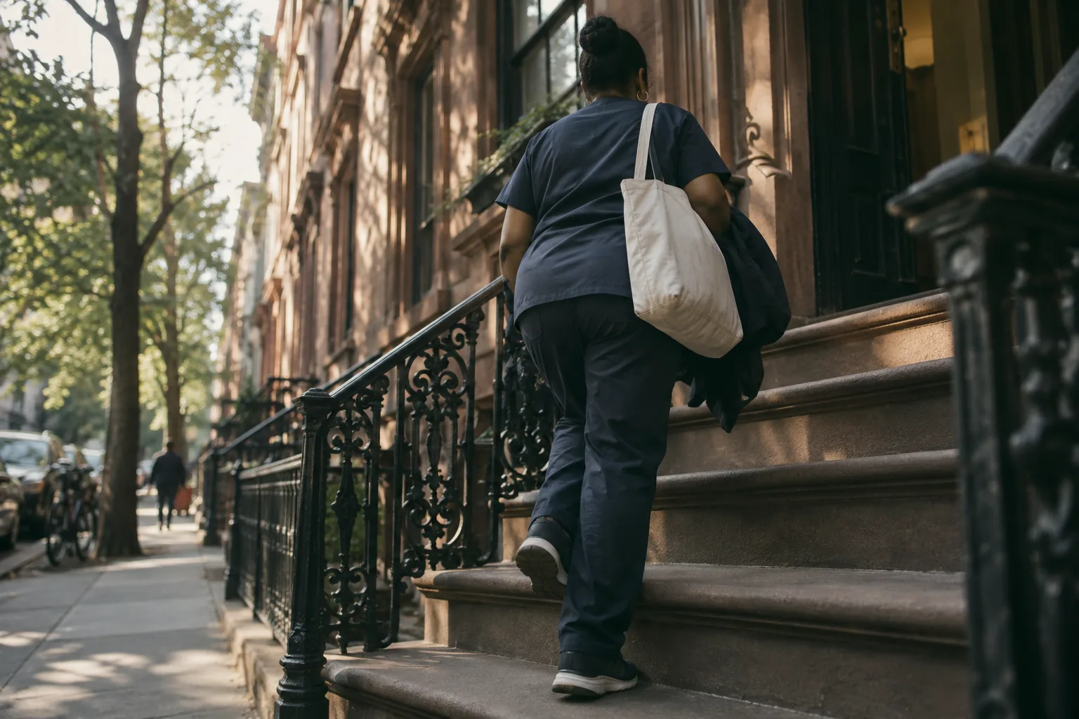 A home health aide climbing the steps of a brownstone with a tote bag, seen from behind.