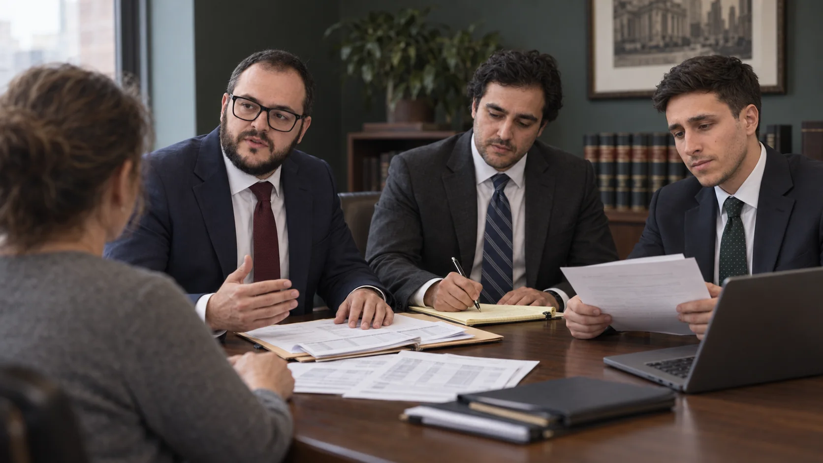 Illustration of the three Usher Law Group attorneys reviewing pay records with a client at a conference table.