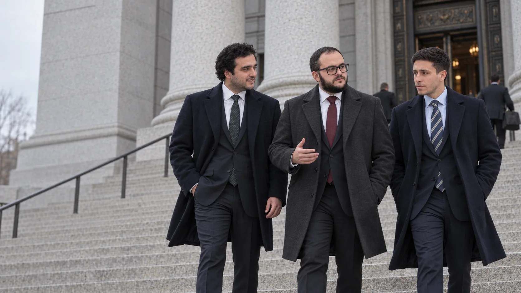 Illustration of the three Usher Law Group attorneys walking down the steps of a federal courthouse, talking.